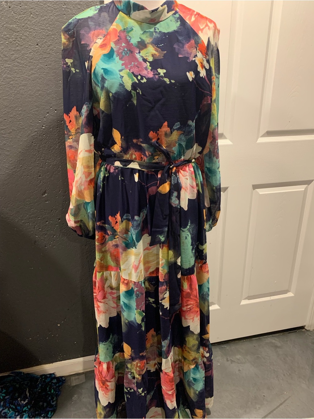 Navy Floral Long Sleeve Maxi Dress with Tie Waist